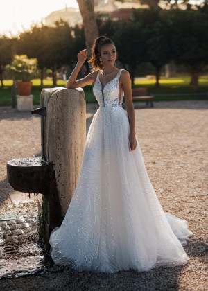 Deep V Neck Beaded Sequined Lace Tulle Wedding Dress